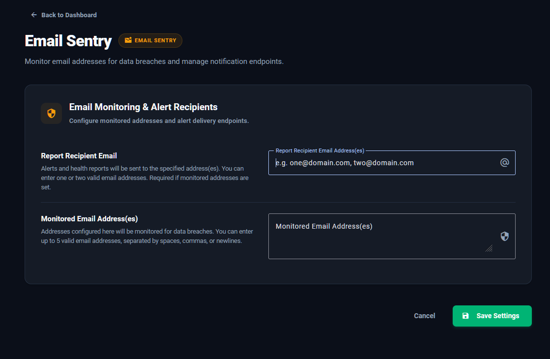 Email Sentry — Breach Monitoring Dashboard